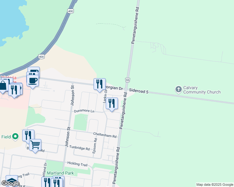 map of restaurants, bars, coffee shops, grocery stores, and more near 18 Hewitt Place in Barrie