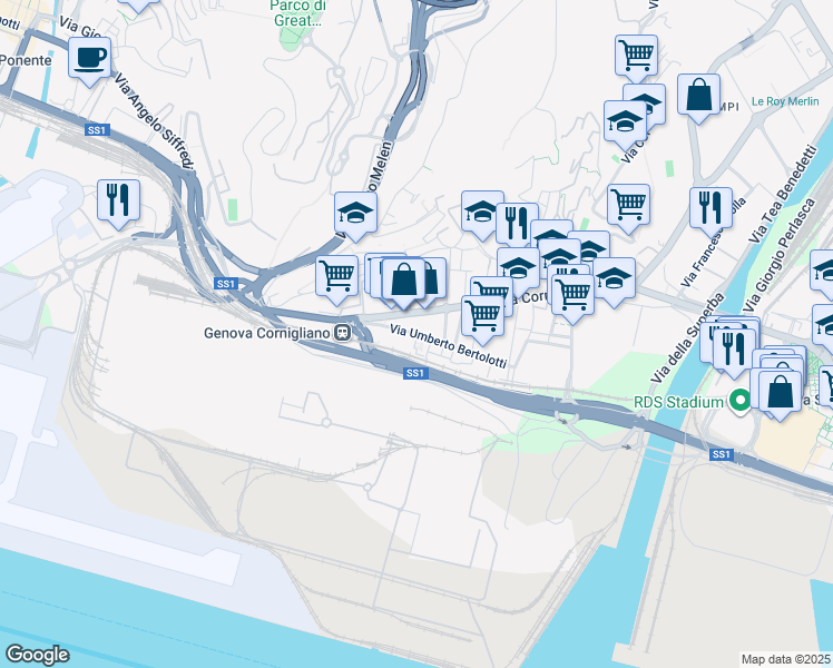 map of restaurants, bars, coffee shops, grocery stores, and more near 12 Via Umberto Bertolotti in Genoa