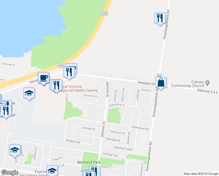 map of restaurants, bars, coffee shops, grocery stores, and more near 319 Johnson Street in Barrie