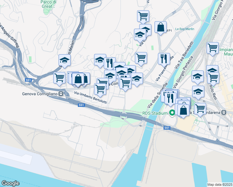 map of restaurants, bars, coffee shops, grocery stores, and more near 17 Via Capodistria in Genova