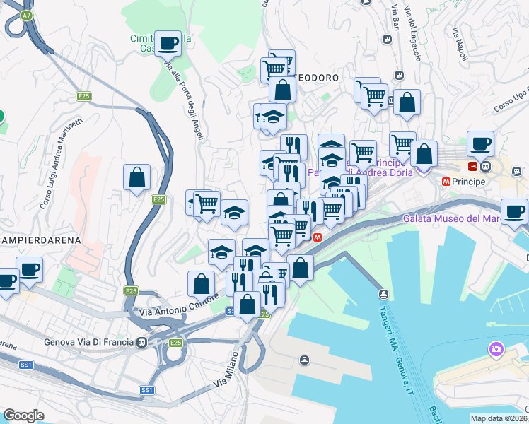 map of restaurants, bars, coffee shops, grocery stores, and more near 41 Salita degli Angeli in Genova