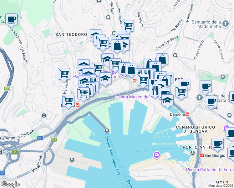 map of restaurants, bars, coffee shops, grocery stores, and more near Via Adua in Genoa