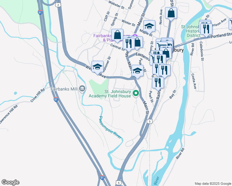 map of restaurants, bars, coffee shops, grocery stores, and more near 109 Belvidere Street in Saint Johnsbury