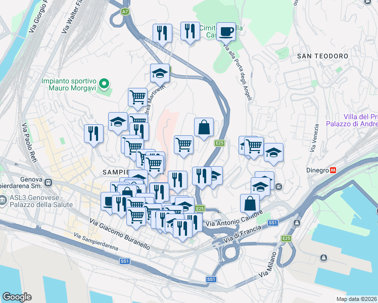 map of restaurants, bars, coffee shops, grocery stores, and more near 95 Via Bartolomeo Carrea in Genova