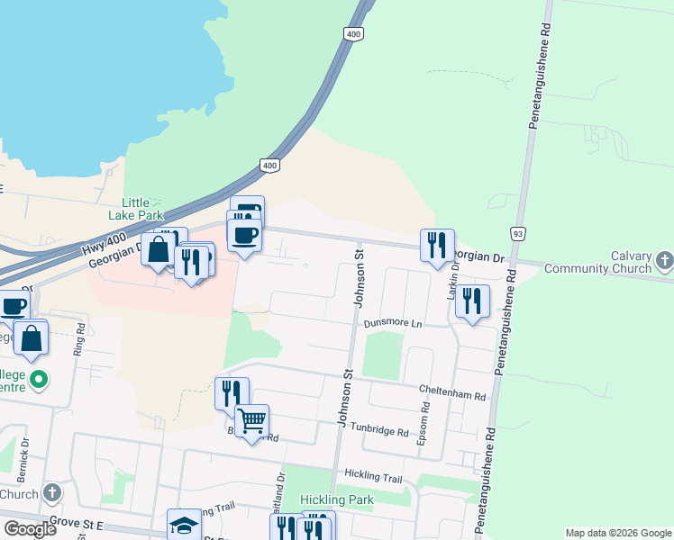 map of restaurants, bars, coffee shops, grocery stores, and more near 6 Dunsmore Lane in Barrie