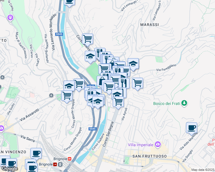 map of restaurants, bars, coffee shops, grocery stores, and more near Via Tortosa in Genova