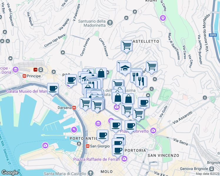 map of restaurants, bars, coffee shops, grocery stores, and more near 20 Corso Carbonara in Genoa