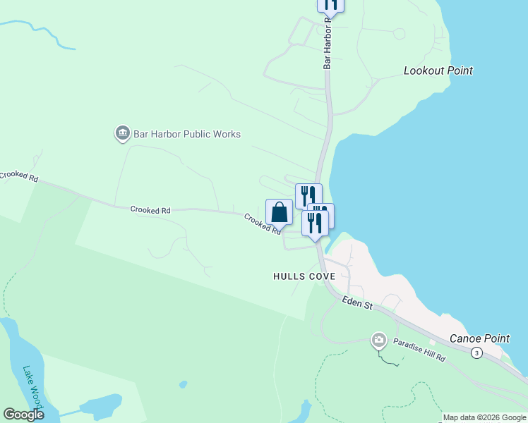 map of restaurants, bars, coffee shops, grocery stores, and more near 25 Crooked Road in Bar Harbor