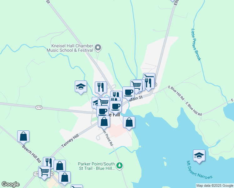 map of restaurants, bars, coffee shops, grocery stores, and more near 35 Pleasant Street in Blue Hill