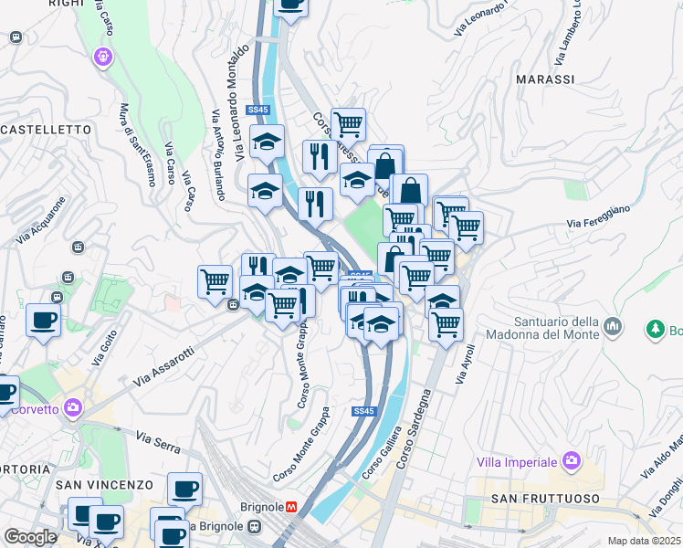 map of restaurants, bars, coffee shops, grocery stores, and more near 112 Via Canevari in Genoa