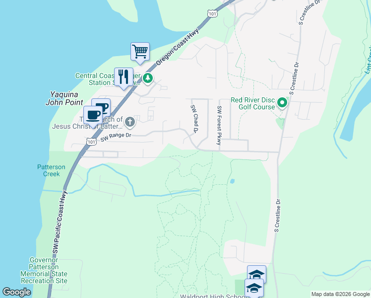 map of restaurants, bars, coffee shops, grocery stores, and more near 625 Southwest Range Drive in Waldport
