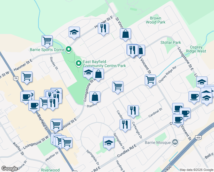 map of restaurants, bars, coffee shops, grocery stores, and more near 314 Stanley Street in Barrie