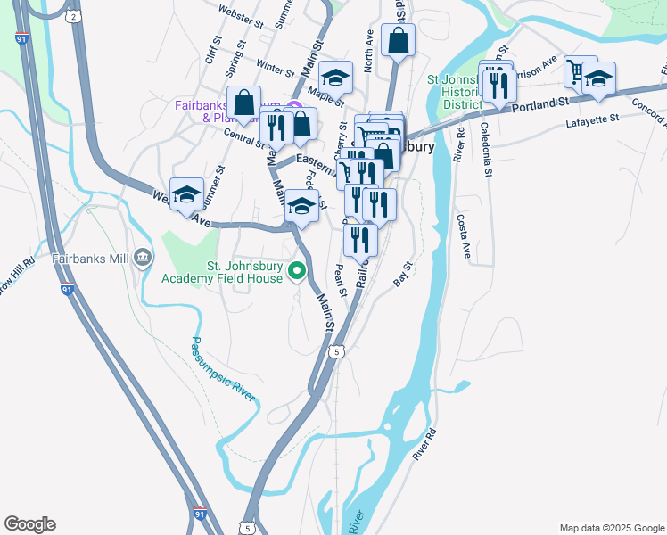 map of restaurants, bars, coffee shops, grocery stores, and more near 111 Pearl Street in Saint Johnsbury