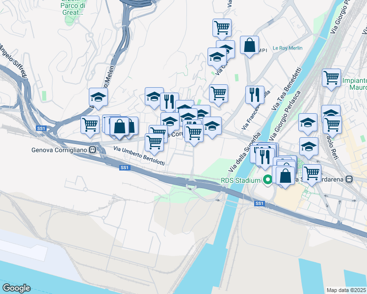 map of restaurants, bars, coffee shops, grocery stores, and more near 17 Via Capodistria in Genova