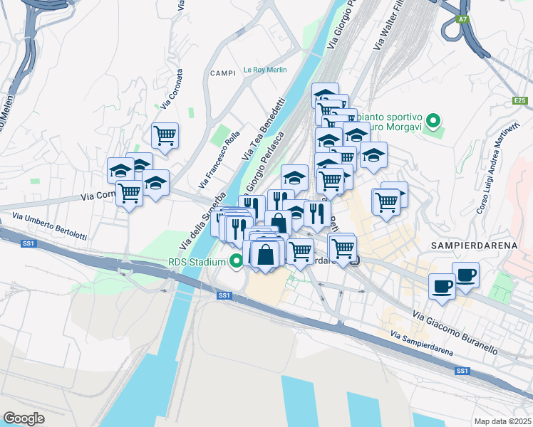map of restaurants, bars, coffee shops, grocery stores, and more near 39 Via Raffaele Pieragostini in Genoa