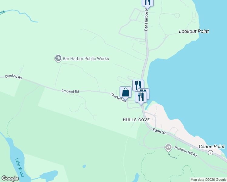 map of restaurants, bars, coffee shops, grocery stores, and more near 25 Crooked Road in Bar Harbor