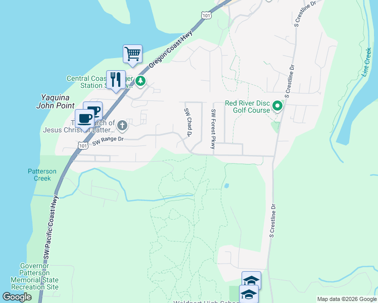 map of restaurants, bars, coffee shops, grocery stores, and more near 625 Southwest Range Drive in Waldport