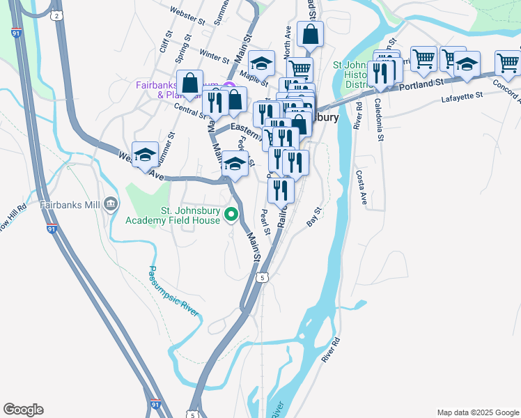 map of restaurants, bars, coffee shops, grocery stores, and more near 111 Pearl Street in Saint Johnsbury