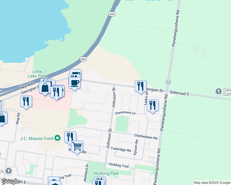 map of restaurants, bars, coffee shops, grocery stores, and more near 319 Johnson Street in Barrie