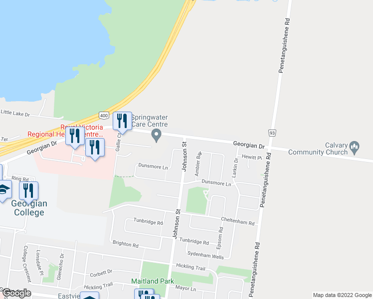 map of restaurants, bars, coffee shops, grocery stores, and more near 323 Johnson Street in Barrie