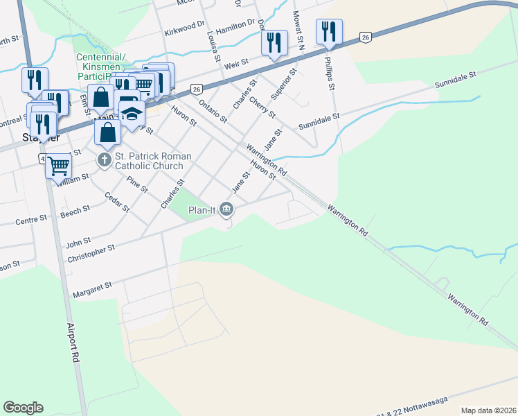 map of restaurants, bars, coffee shops, grocery stores, and more near 285 Christopher Street in Stayner