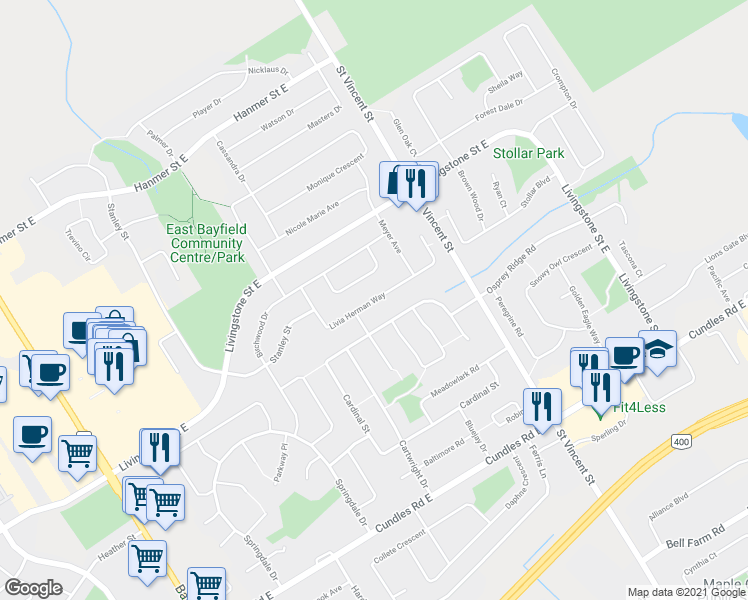 map of restaurants, bars, coffee shops, grocery stores, and more near Livia Herman Way in Barrie