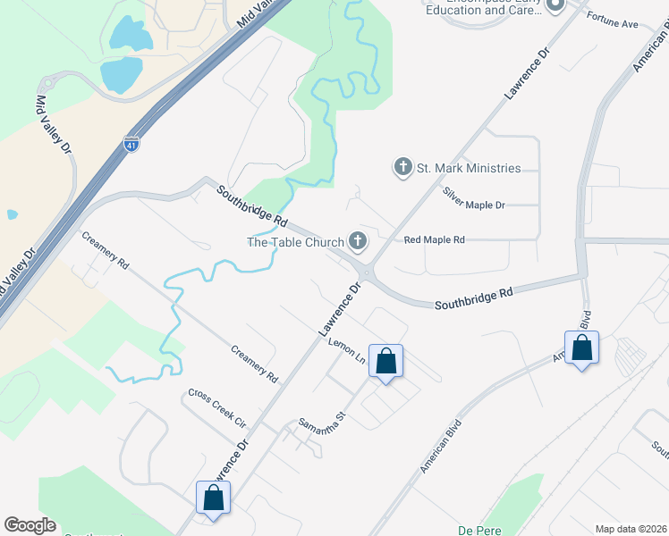 map of restaurants, bars, coffee shops, grocery stores, and more near 2156 Lawrence Drive in De Pere