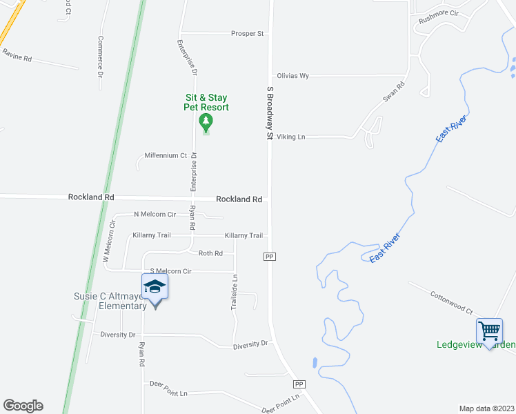 map of restaurants, bars, coffee shops, grocery stores, and more near 2138 South Broadway Street in De Pere