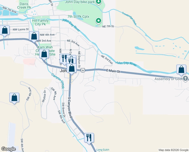 map of restaurants, bars, coffee shops, grocery stores, and more near 322 Hillcrest Drive in John Day