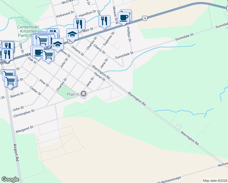 map of restaurants, bars, coffee shops, grocery stores, and more near 275 Huron Street in Stayner