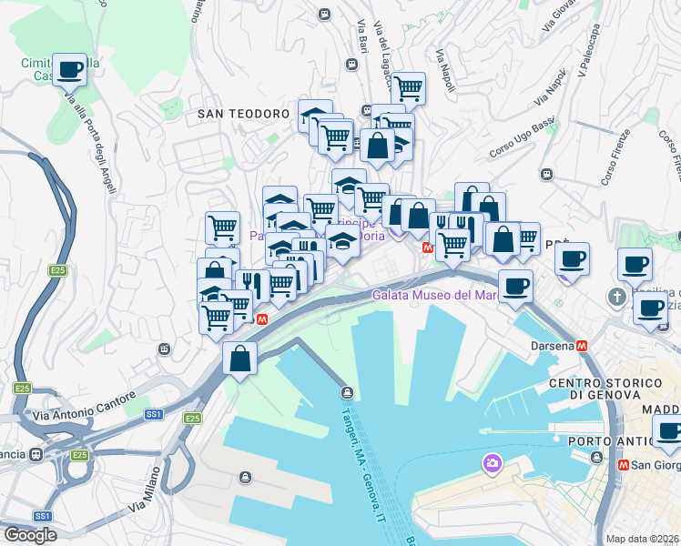 map of restaurants, bars, coffee shops, grocery stores, and more near Via Adua in Genoa