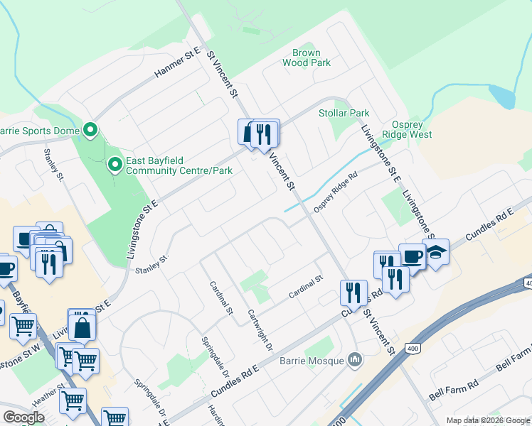 map of restaurants, bars, coffee shops, grocery stores, and more near 205 Cardinal Street in Barrie