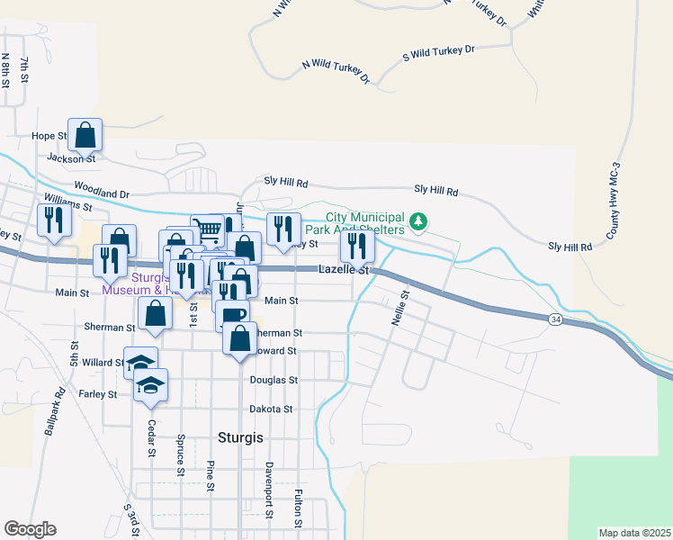 map of restaurants, bars, coffee shops, grocery stores, and more near 816 Lazelle St in Sturgis