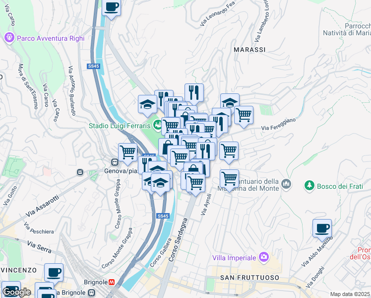 map of restaurants, bars, coffee shops, grocery stores, and more near Via Tortosa in Genova