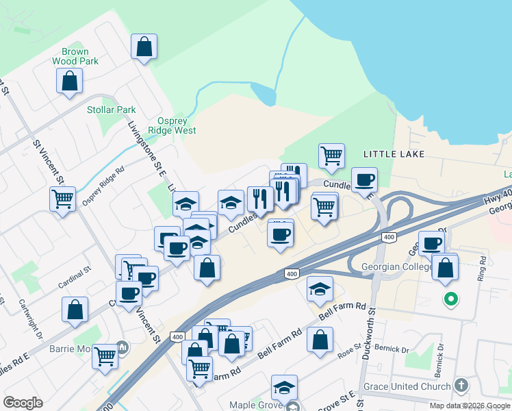 map of restaurants, bars, coffee shops, grocery stores, and more near 306 Cundles Road East in Barrie