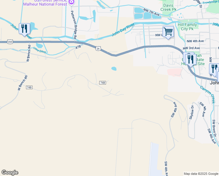 map of restaurants, bars, coffee shops, grocery stores, and more near 60266 Eastside Lane in John Day