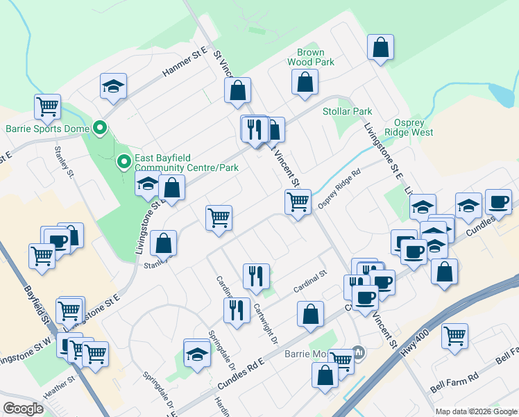 map of restaurants, bars, coffee shops, grocery stores, and more near 67 Livia Herman Way in Barrie
