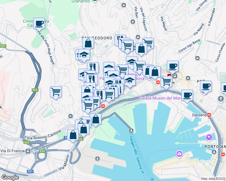 map of restaurants, bars, coffee shops, grocery stores, and more near 8629 Via Bruno Buozzi in Genova