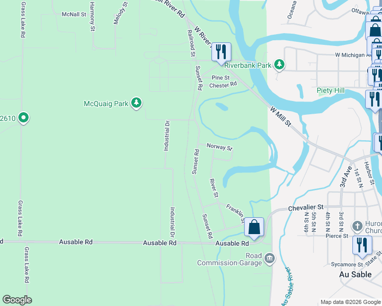 map of restaurants, bars, coffee shops, grocery stores, and more near 4599-4757 Sunset Road in Au Sable Charter Township