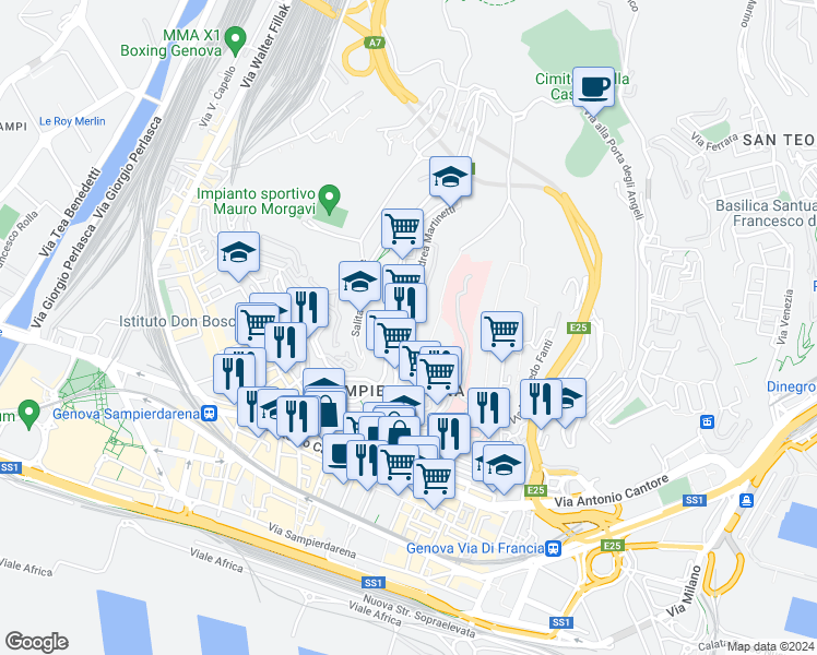 map of restaurants, bars, coffee shops, grocery stores, and more near 37 Corso Luigi Andrea Martinetti in Genoa