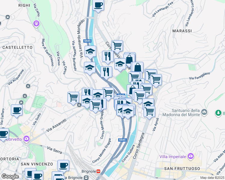 map of restaurants, bars, coffee shops, grocery stores, and more near 112 Via Canevari in Genova