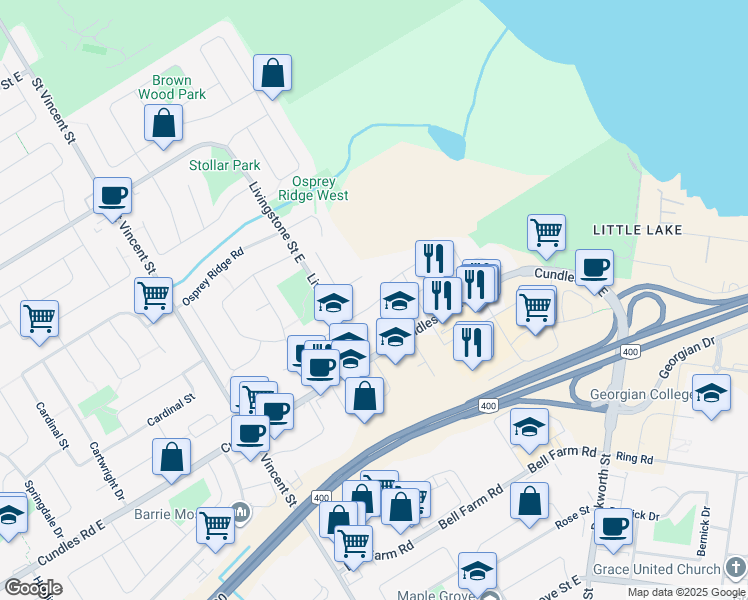 map of restaurants, bars, coffee shops, grocery stores, and more near 290 Cundles Road East in Barrie