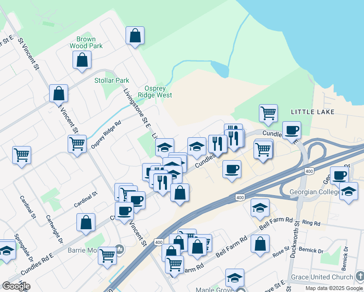 map of restaurants, bars, coffee shops, grocery stores, and more near in Barrie