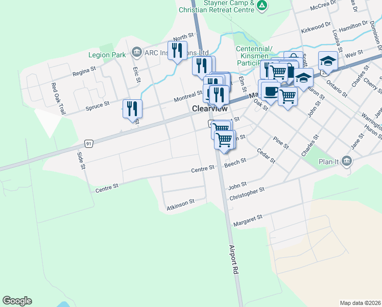 map of restaurants, bars, coffee shops, grocery stores, and more near 207 Centre Street in Clearview