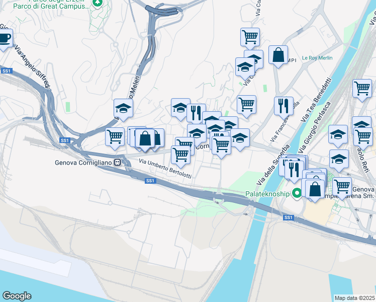 map of restaurants, bars, coffee shops, grocery stores, and more near 6r Via Paolo Antonio de Cavero in Genova
