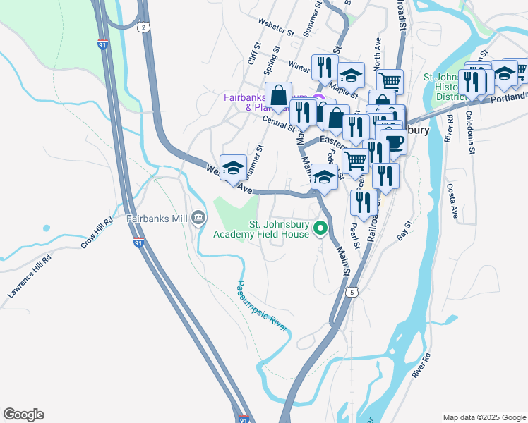 map of restaurants, bars, coffee shops, grocery stores, and more near 109 Belvidere Street in Saint Johnsbury