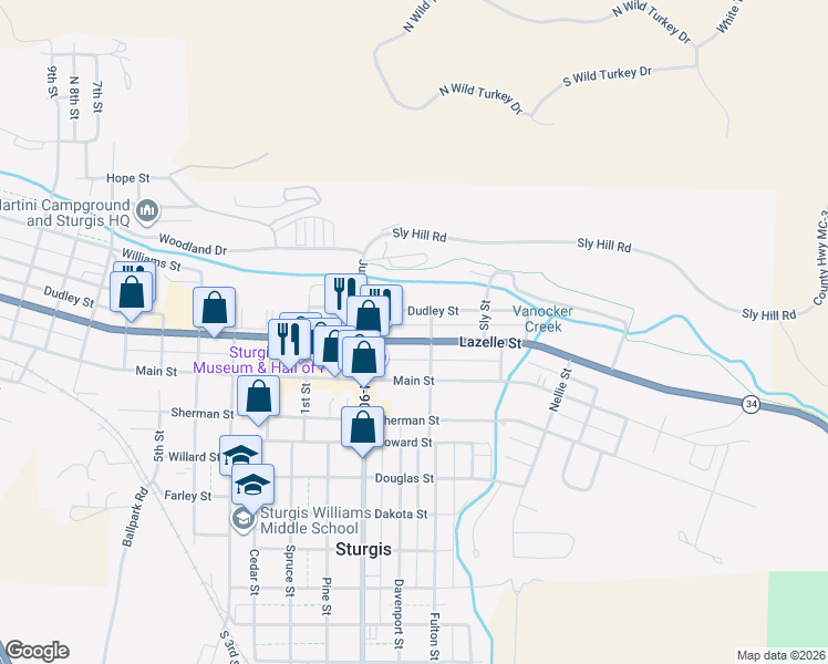 map of restaurants, bars, coffee shops, grocery stores, and more near 929 Lazelle Street in Sturgis