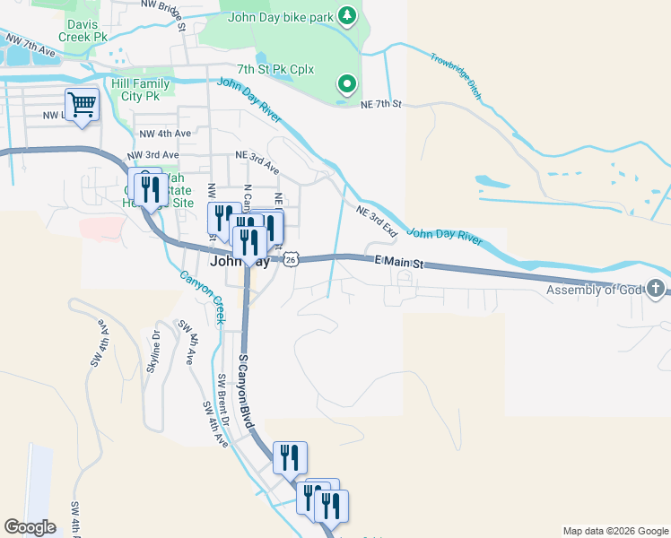 map of restaurants, bars, coffee shops, grocery stores, and more near 322 Hillcrest Drive in John Day