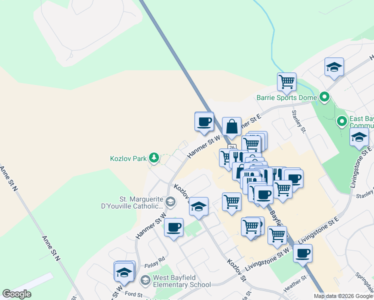 map of restaurants, bars, coffee shops, grocery stores, and more near 30 Hanmer Street West in Barrie