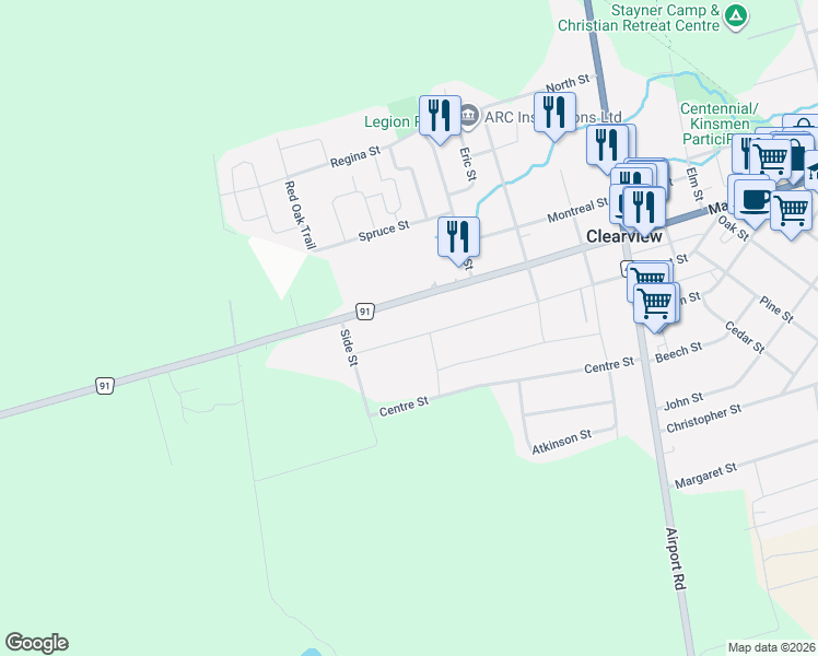 map of restaurants, bars, coffee shops, grocery stores, and more near 7525 County Road 91 in Stayner